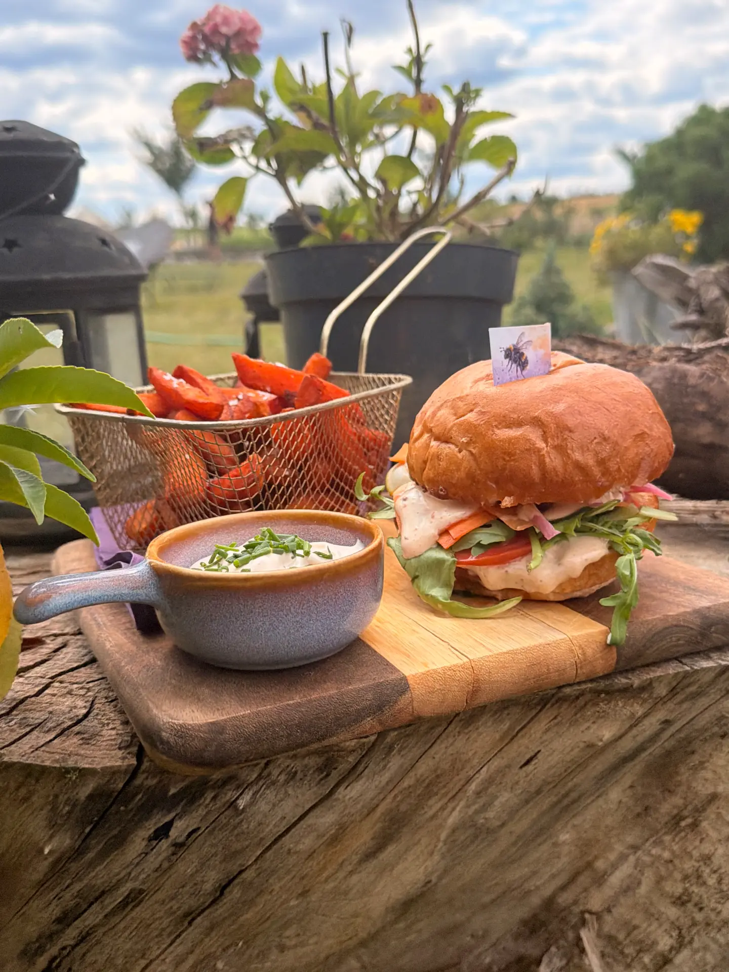 Burger s hranolky na zahradě